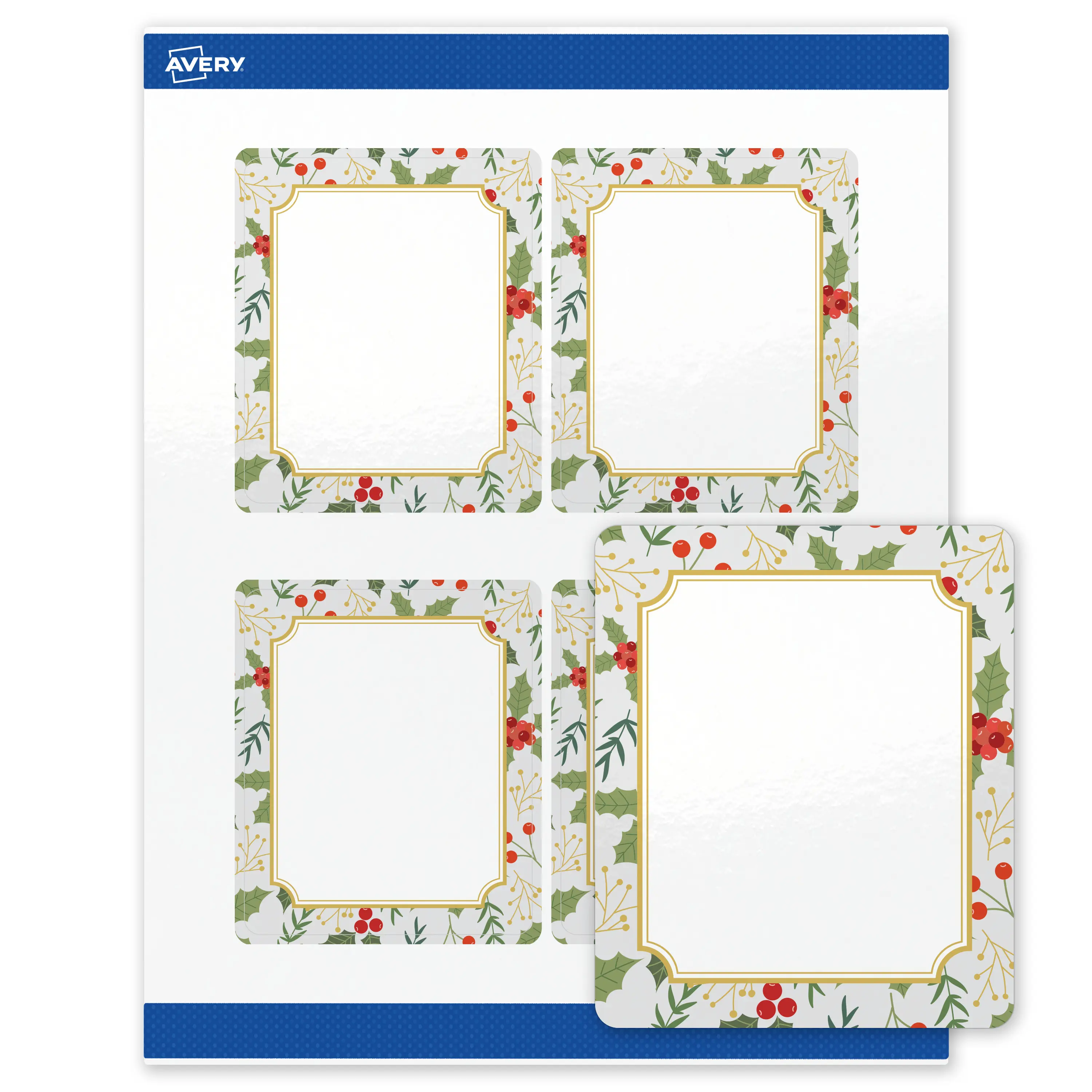 Avery® Printable Christmas Labels with Sure Feed® Technology, Rectangle, 4" x 3-1/3", Pre-Printed Light Blue Border with Metallic Gold Frame Design, Glossy White, Laser & Inkjet Compatible, 40 Total