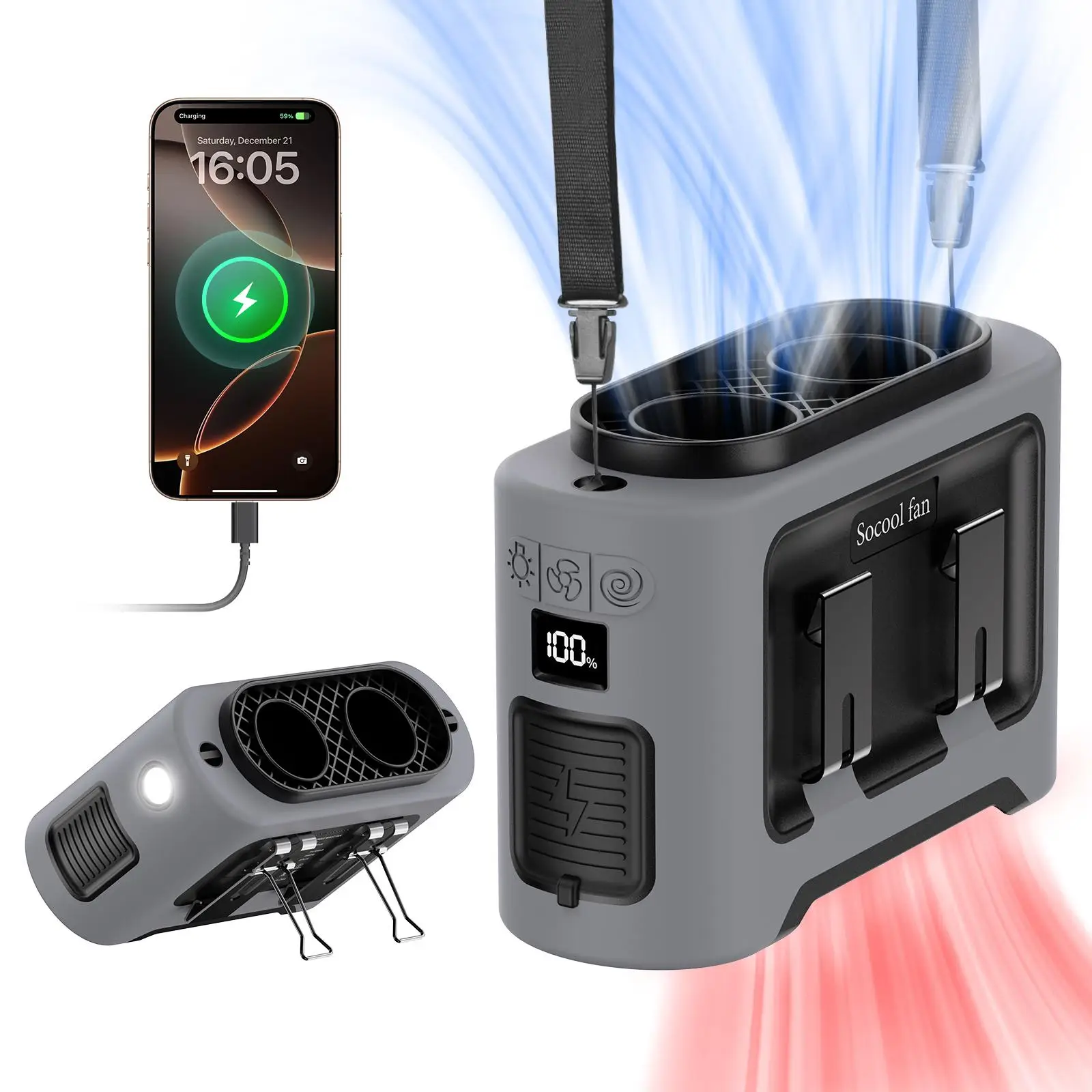 Portable Waist Fan, Rechargeable Personal Fan with Dual Air Outlet, 5-speed Battery Operated Multifunction Fans with Light, Suitable for Outdoor Campi