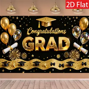 Golden GRAD Graduation Ceremony Backdrop & Tapestry Wall Hanging, Graduation Party Decoration Background Cloth, Featuring Graduation Cap, Diploma, and Balloon Designs
