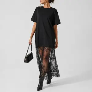 Women’s Plus Size Lace Patchwork T Shirt Dress, Short Sleeve Solid Color Loose Fit Casual Summer Dress for Going Out Streetwear