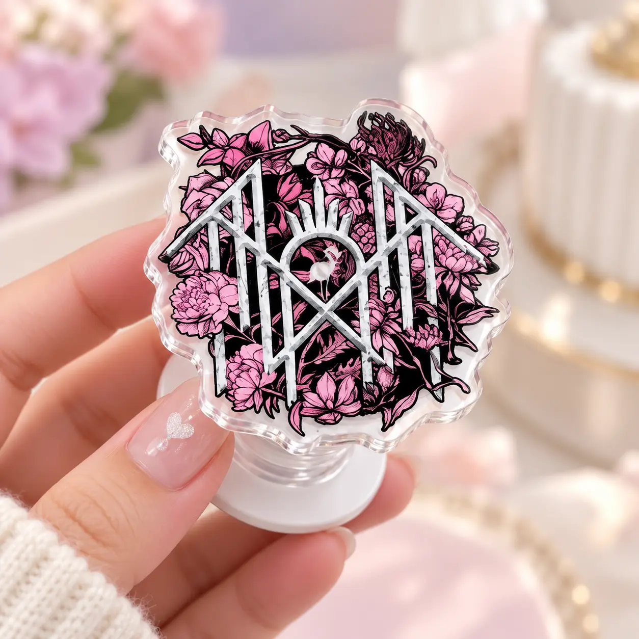 Pink Gothic Floral MagSafe Phone Grip – Mystical Geometric Acrylic Phone Holder with Kickstand, Dark Academia Boho Accessory, Gift for Women and Teens