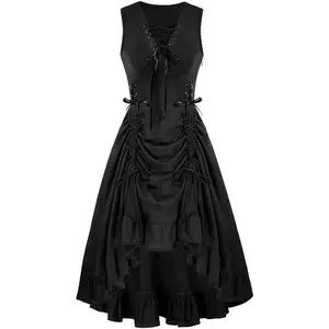 Foreign Trade Women's Dress Punk Lolita Retro Style Dark Gothic Lace-up Dress Gothic Dress Blue Casual