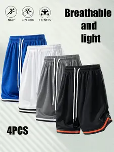 Pack of 4 – Men’s summer athletic shorts for running, fitness, and basketball training; breathable, cool, lightweight, comfortable, versatile knee-length shorts