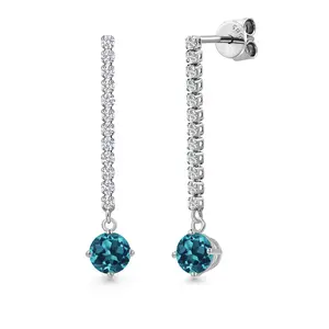 14K White Gold London Blue Topaz and White Lab Grown Diamond Long Liner Dangle Earrings for Women | 1.76 Cttw | Gemstone November Birthstone | Round 5MM | White Gold Chain Drop Earrings