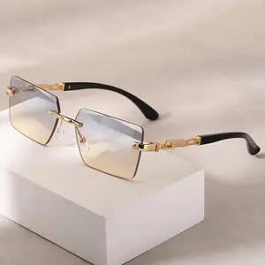 Rimless Rectangle Sunglasses Luxury Gold-Accent Unisex UV400 Beach Travel Square Shades Fashionable