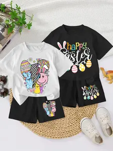 Boys' Summer Fashion Cool Easter Series Rabbit Egg Print Short Sleeve Tee + Casual Comfort Shorts Set, Unisex Kids Clothing Gift