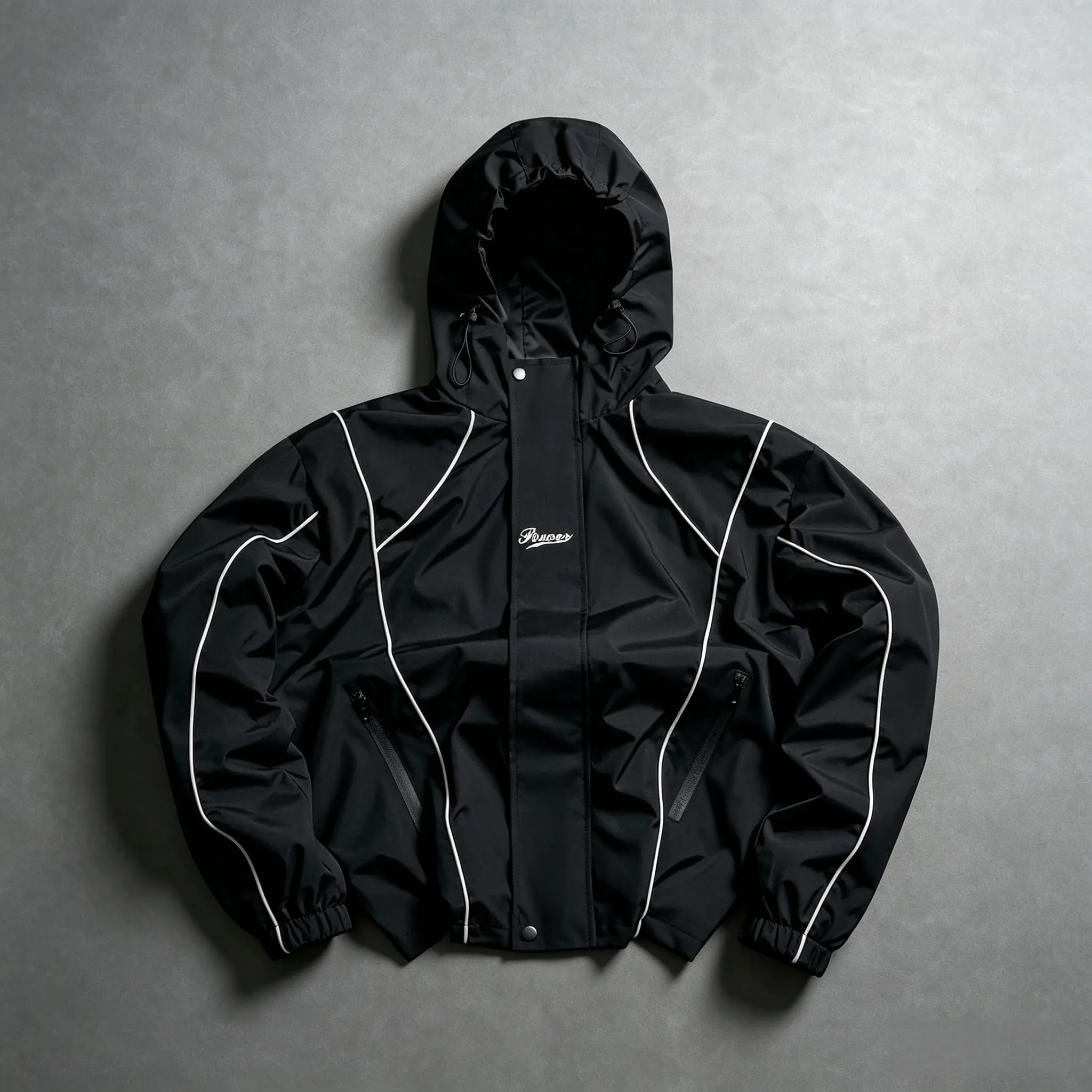 One men’s black short jacket with contrasting color piping and hood—trendy casual everyday wear. The contrasting piping creates a bold, distinctive look. Double-layer flap front enhances sophistication. Elastic cuffs fit snugly around the wrists and don’t