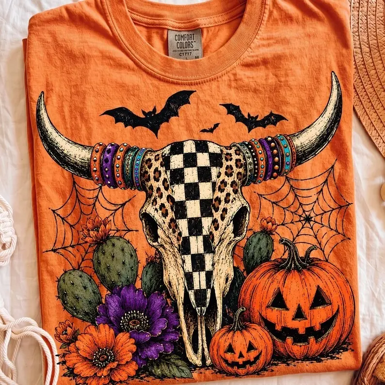 Comfort Color Halloween Cow Skull T-shirt, Western Longhorn Pumpkin T-shirt, Sublimation Halloween Season Trending Gift