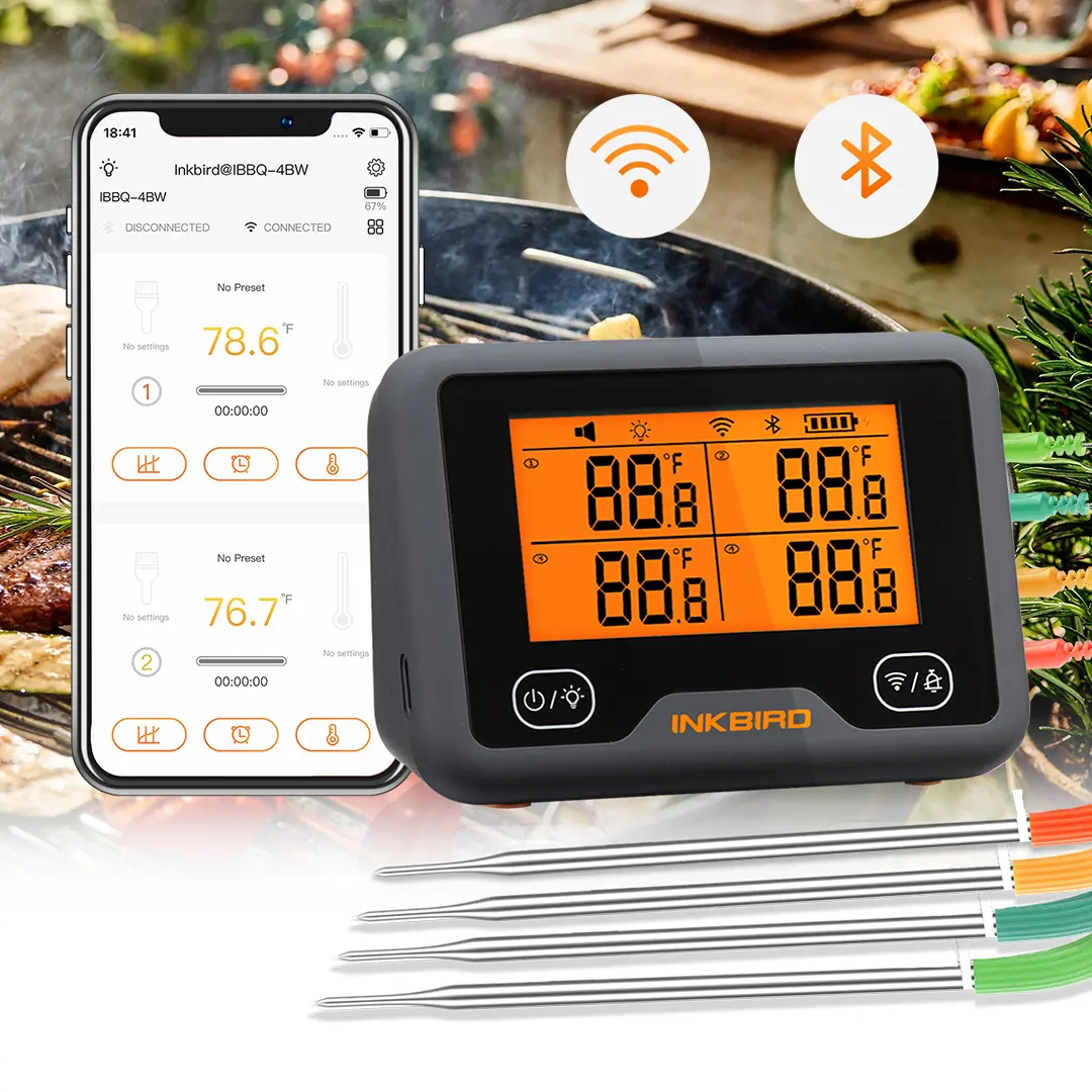Inkbird meat thermometer, 1 Bluetooth WiFi smart barbecue thermometer, timer, 4 color probes, rechargeable, kitchen utensils