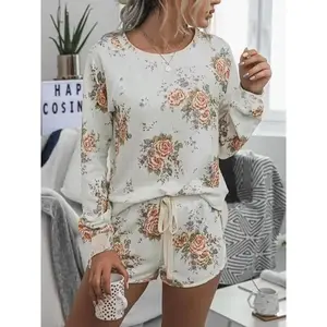 Women's Solid Raglan Sleeve Tee & Drawstring Waist Shorts Loungewear Two-piece Set Pajama Set, Casual Comfy Round Neck Top & Pocket Shorts PJ Set, Ladies Sleepwear for Spring & Fall.woman 2 piece set . two piece sets women . two piece set women
