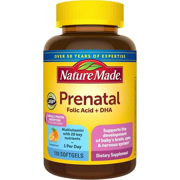 Nature Made Prenatal Vitamins for Women with Folic Acid + DHA, Prenatal Vitamin and Mineral Supplement for Daily Nutritional Support, 110 Softgels, 110 Day Supply