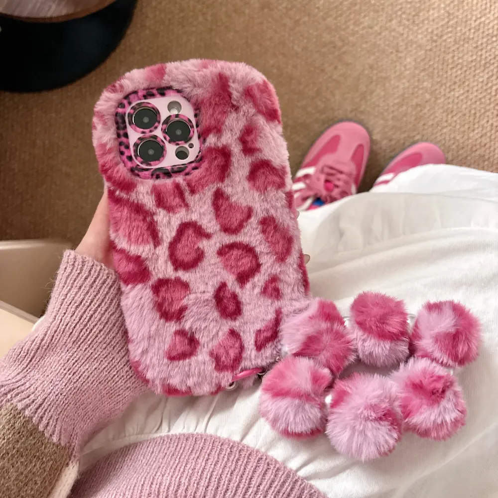 Leopard Print Fluffy Fabric Handheld Compact Phone Case with Bracelet - Anti-Drop Shockproof Protection, Full Body Fit Accessory for iPhone 11-17 Pro Max Plus & T1 Collagen Casing Devices, Phone Decoration