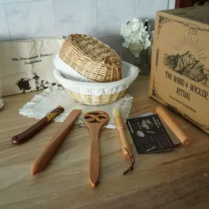 Artisan Sourdough Kit with Handwoven Rattan Baskets  | Rustic Wooden Bread Baking Set & Banneton Proofing Set
