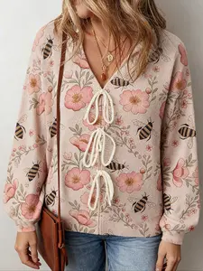 Women's Vintage Floral Print Knit Cardigan Sweater, Sweet V Neck Tie Design, Loose Fit, Fall Winter Fashion, Casual Wear