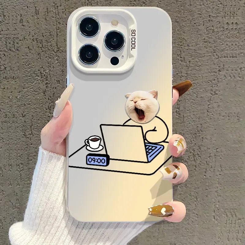 Tired Office Cat Tuff Phone Case for iPhone 11 12 13 14 15 16 17 Pro Max Plus Air & Samsung S21-S26, Funny Yawning Cat Working at Desk Aesthetic Case, Cute Cartoon Cat Shockproof Protective Cover, Accessories, Smartphone