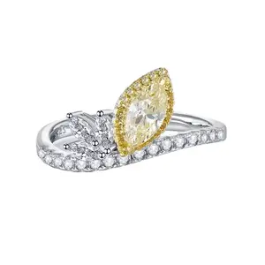 S925 Silver High Carbon Diamond Yellow Diamond 4*8 Marquise Ring for Women, European and American INS Style