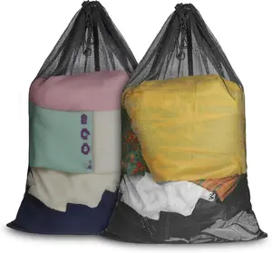 Large Mesh Laundry Bag for Travel: 2 Pack 23 x 34 Inches Heavy Duty Hamper Liner Bags - Washable Laundry Drawstring Bag for College, Dorm, Family and Apartment Dwellers, Black