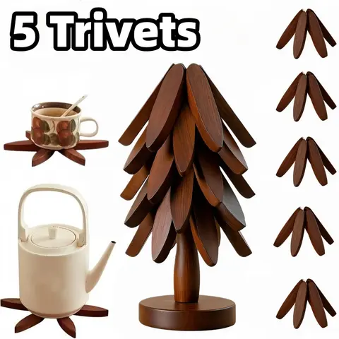 Solid Wood Trivets Set - 5 Natural Wood Trivets & 1 Stand, 7.8in Heat Resistant (450°F), Non-Slip Adjustable Band, Foldable Durable BPA-Free Kitchen Countertop Accessory, Guards Quartz Tops, Fits 7.8in Pans, French Country Hot Dish Coaster, Birthday Gift
