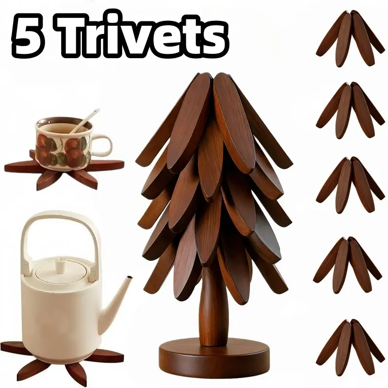 Natural Wood Trivet Set - 5 Wooden Trivets & 1 Stand - Heat-Resistant, Foldable, Durable Kitchen Countertop Accessories for Hot Dishes, Pots