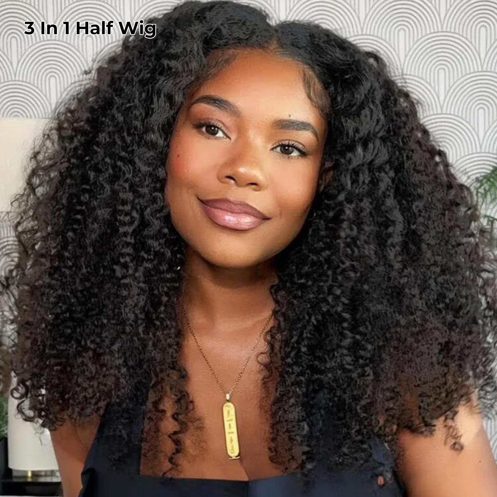 【3 In 1 Half Wig】Alipearl Hair Kinky Curly Glueless Half Wig Human Hair Wigs With Drawstring Cap Invisible Hairline Beginner Friendly