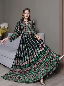Women's Boho Long Dress, Loose Fit All-Season H-Type Design, Belted & Printed Pattern, Perfect for Casual Wear Bohemian