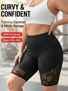High Waist Butt Lifting Yoga Pants for Women, Tummy Control Tight Fit Workout Shorts with Pockets, Large Size Running Fitness Training High Waisted Shorts