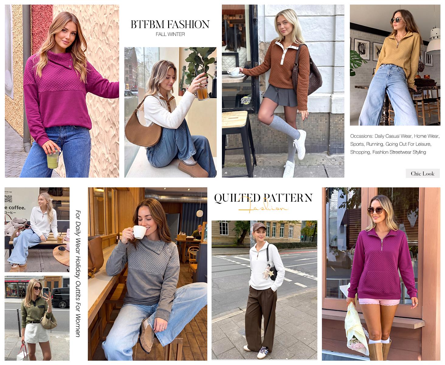 BTFBM Women Fashion Quilted Pattern Lightweight Zipper Long Sleeve Plain Casual Ladies Sweatshirts Pullovers Shirts Tops