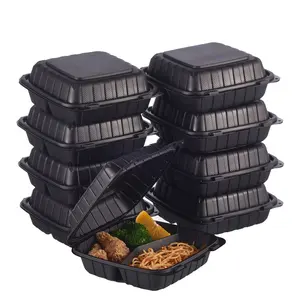 8X8 3-Compartment 50-Pack Plastic Clamshell Takeout Food Trays Heavy Duty Disposable Box Carryout Meal Prep Packaging Catering Hinged Containers With Secure Snap Lid