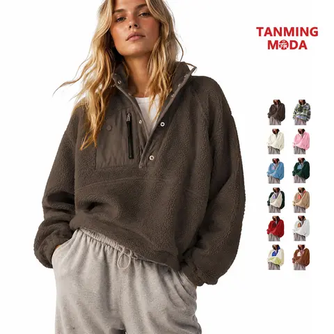 TanmingModa Women's Fitted Lightweight Colorblock Fleece Coat - Mockneck Cropped Fuzzy Sherpa Sweatshirt with Pockets, Long-Sleeve Casual Layering Clothes, Polyester Women's Clothing