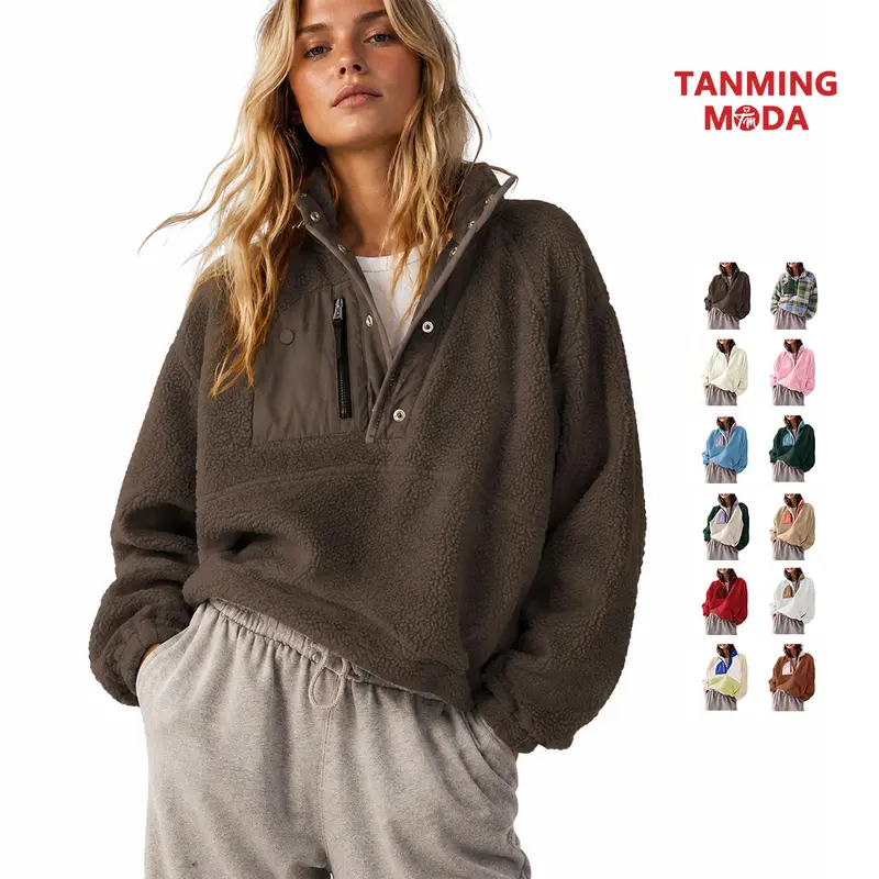 TanmingModa Women's Fitted Lightweight Colorblock Fleece Coat - Mockneck Cropped Fuzzy Sherpa Sweatshirt with Pockets, Long-Sleeve Casual Layering Clothes, Polyester Women's Clothing