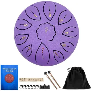 Rain Drum for Outside - Steel Tongue Rain Drum Chime 11 Notes 6 Inch with Sheet Music Book for Garden Instrument Or Meditation Yoga (Purple)