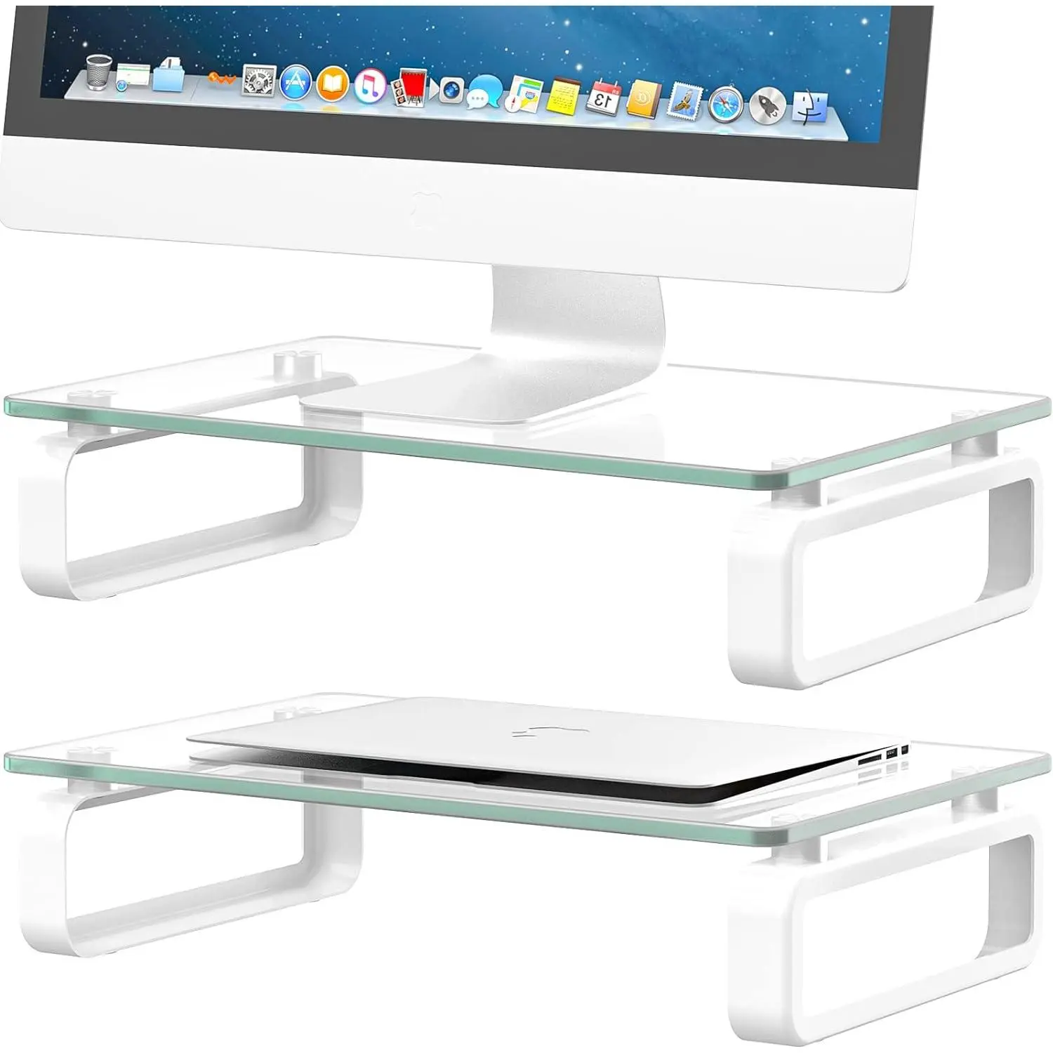 2 Pack Computer  Stand Riser Multi Media Desktop Stand for Flat Screen LCD LED TV, Laptop/Notebook, with Tempered Glass and Metal ,HD02T-201