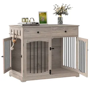 Dog Furniture Crate -40 inch Dog Kennel with Drawers-End Table Wooden Pet Crate, Double Door Design, Decorative Dog House Indoor for Small Medium Large Dog, Gray