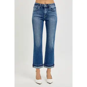 RISEN Mid Rise Ankle Straight Cuffed Jeans