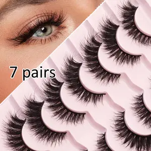 7 Pairs Cross Fluffy False Eyelashes, European Style Fur Lash with Glue, Cat Eye Natural Soft Lashes, D Curl Thickness 0.05mm, Makeup