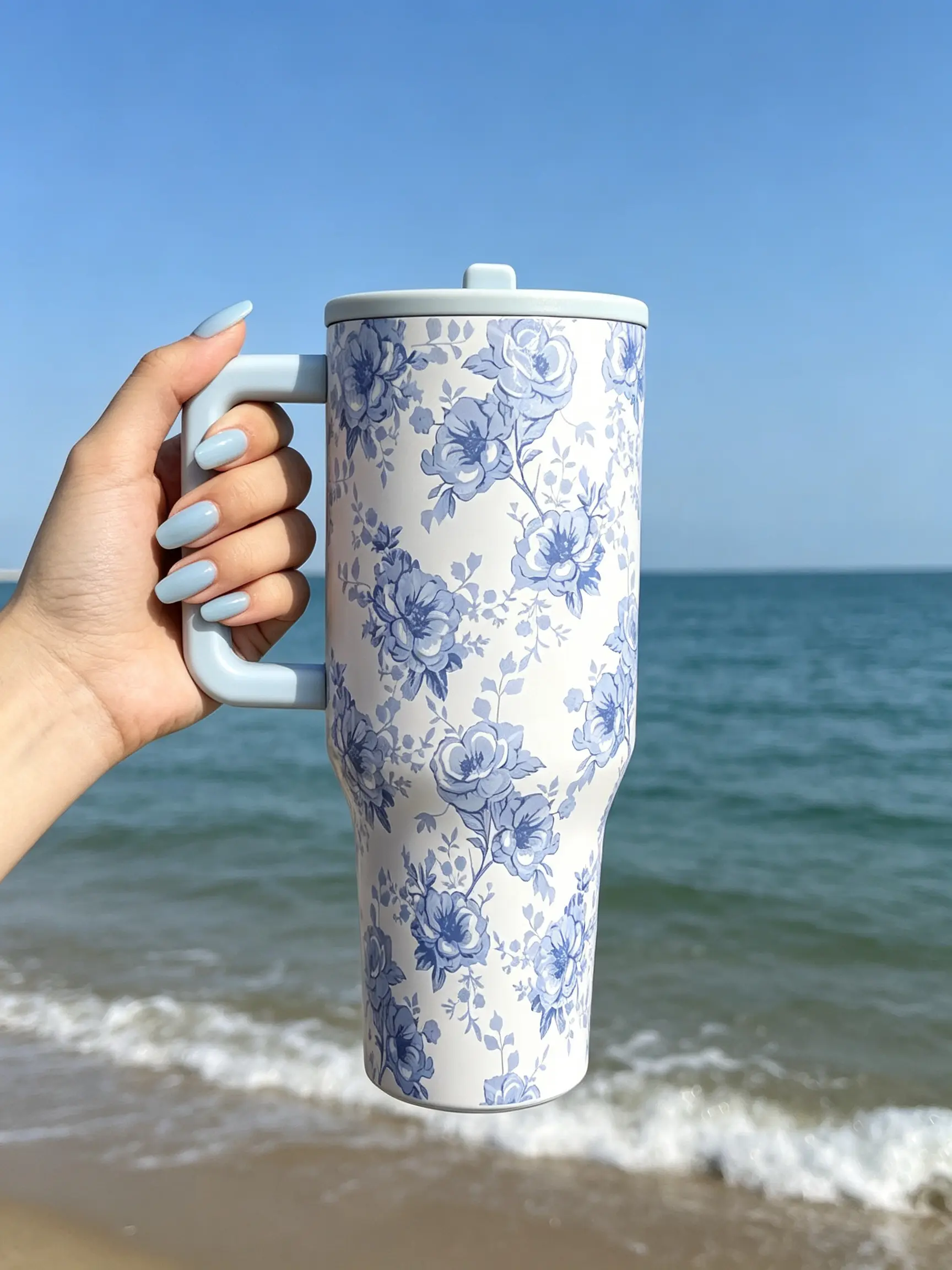 HydroHug 40oz Blue Floral  Tumbler - Leakproof 24hr Cold Insulated Travel Mug with Handle & Straw, Cupholder Friendly, BPA-Free, Aesthetic Cottagecore Water Cup for Women, Office, Car, Gym