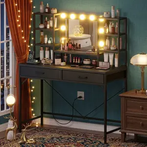 Modern Black Bedroom Dressing Table, Large Vanity Desk Equipped With LED Lighted Mirror And Power Socket, Multi Storage Design With 2 Fabric Drawers 6 Shelves, Cosmetic Makeup Station For Women