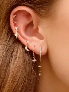Gold Plated 6-Piece Copper Cubic Zirconia Chain Hoop Star Moon Earring Set In Gold And Silver, Perfect Gift for women, Cute Accessories for Party, Dangle Earrings Set
