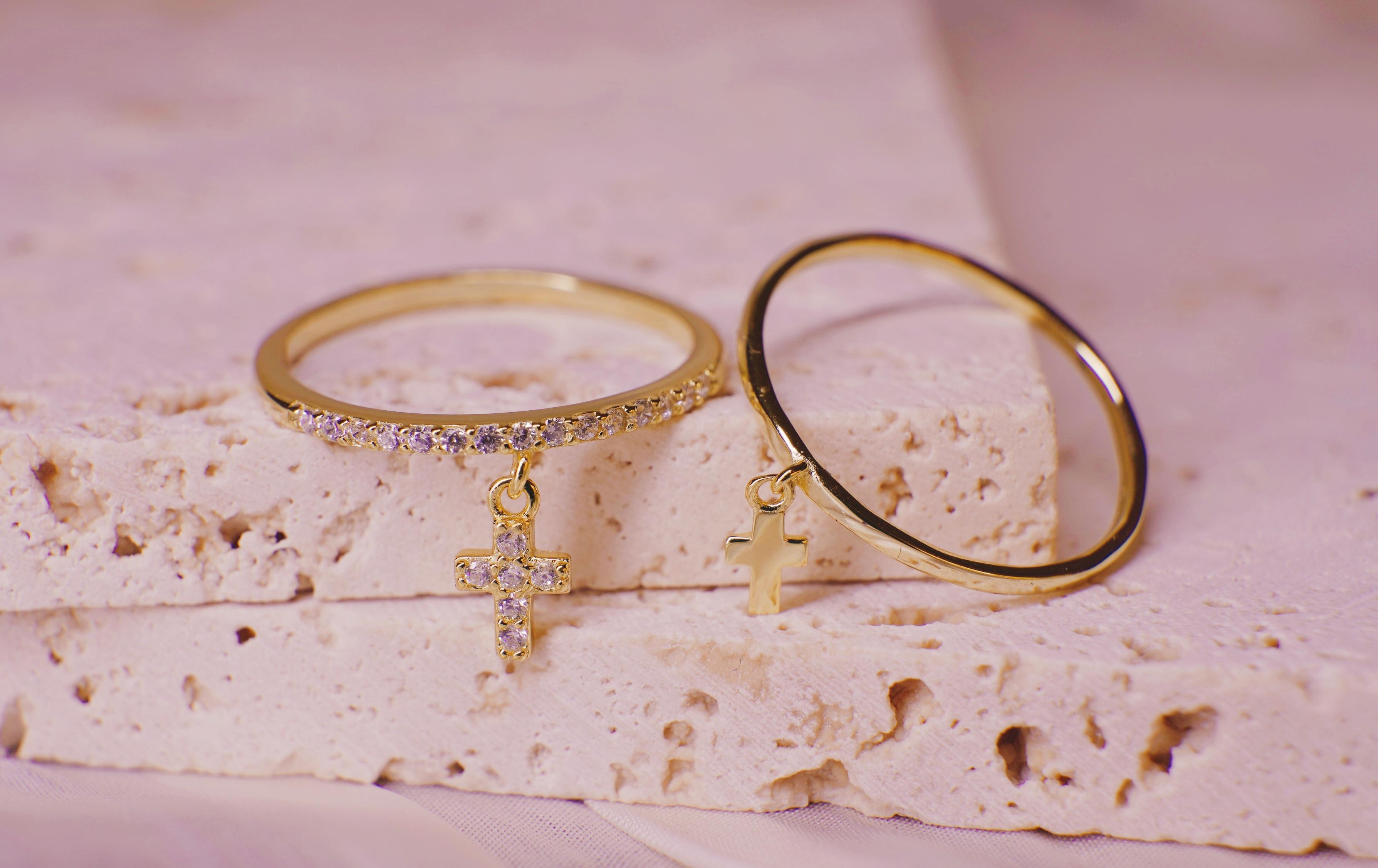 18K Gold Plated 925 Silver Cross-Shaped/Teardrop-Shaped With Zircons Pendant Ring