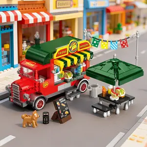 Vintage Taco Burger Food Truck Building Set, Building Blocks, 651+ Pieces, City Miniature Street Scene, Detachable Umbrella, Cute Dog Figurine, Gift for Collectors