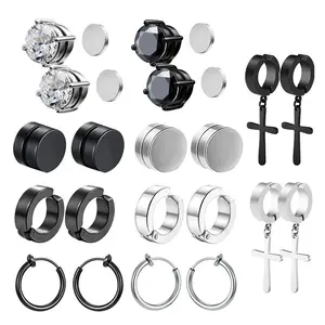 10Pcs Mens Earrings Set, Stainless Steel Hoop Earrings for Men Women, CZ Stud Earrings, Cross Dangle Earrings, Magnetic Earrings, Punk Piercing Jewelry for Party Daily