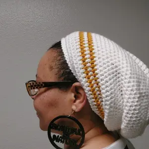 Crochet Crown Slouchy Hat  Loc Soc Fashion Accessory White with Gold