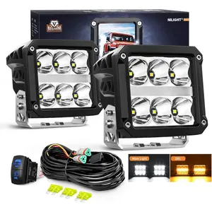 LED Pod Lights with Amber DRL 4 Inch 60 W Square 6487 LM Super Spot Light w/ 16 AWG Wiring Harness Kit for Auxiliary Offroad Driving LED Work Lights for Truck UTV ATV SUV 4x4 Jeep