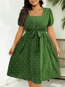 Elegant Vintage Polka Dot Dress for Plus Size Women, Waist Cinch Tie Front Square Neck A-Line Maxi Dress, Chic Retro Style Clothing