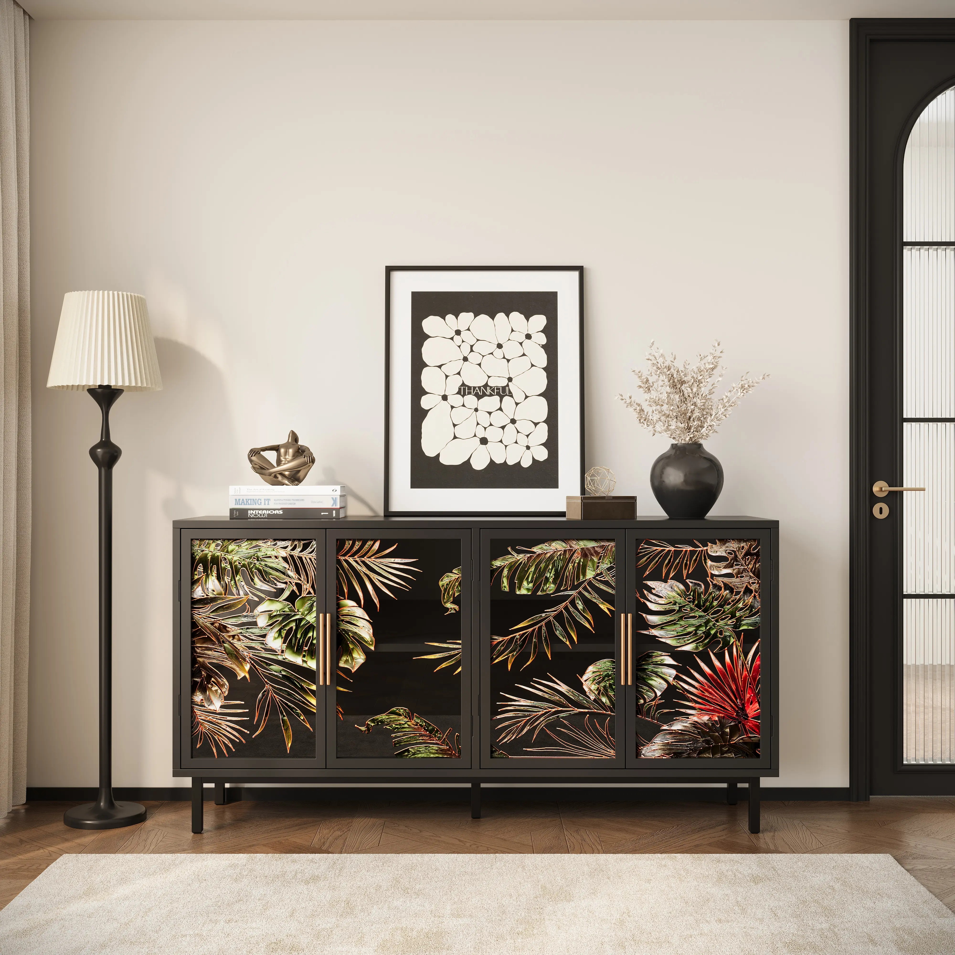 60.3" with 4 doors for Buffet Cabinets, Glazed painting art storage Cabinets, American retro control Console Table decorative Cabinets, Living room, Bedroom, Dining room