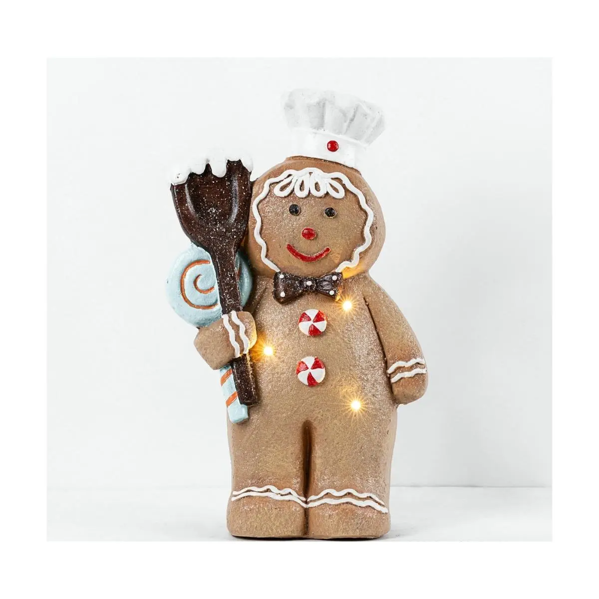 212 MAIN 17.5 in. Gingerbread Snowman Chef Tabletop Christmas Figurine - Battery-Powered Ornament, Warm-Toned LED Christmas Decorative Lights, Chocolate Accents, Spoon Prop, Decorative Hat, Mineral Accent, Home Holiday Decor Gift