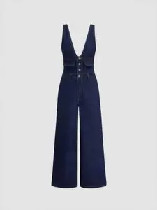 Cider Denim V-neck Button Pocket Wide Leg Jumpsuit - CIDER