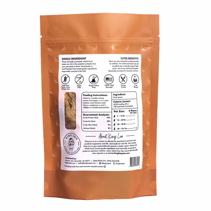 King Lou Whole Duck Heads Treats for Dogs and Cats, Single-Ingredient, 100% USA, Small-Batch, High Quality and Healthy Pet Treats and natural food, supports hip and joint health Crunchy Chewy