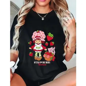 100%25 Cotton Unisex Strawberry Shortcake & Kitty Custard Vintage T-Shirt Casual Top MWQ