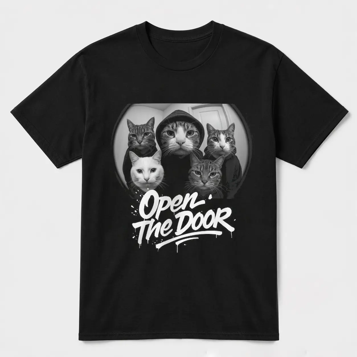 Open The Door Cat Gang Meme T-Shirt, Funny Fisheye Lens Hooded Cats Graphic Tee, Gangsta Rap Hip Hop Black Unisex Cotton Shirt